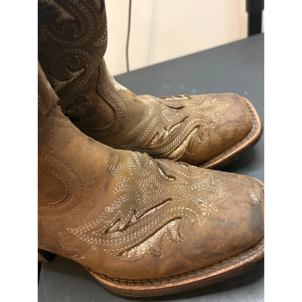 Ariat Kids Brown Leather Glitter Inlay Western Cowboy Boots Size 1.5 Square Toe
